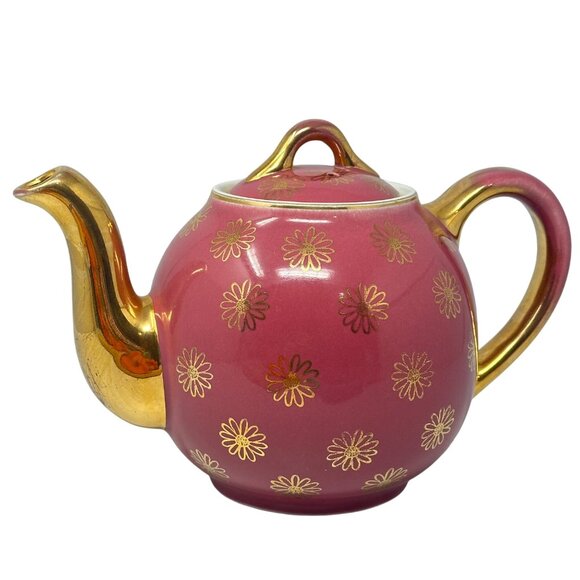 Vintage Hall 12-Cup Pink & Gold Floral Teapot 054 GL READ - Picture 2 of 13